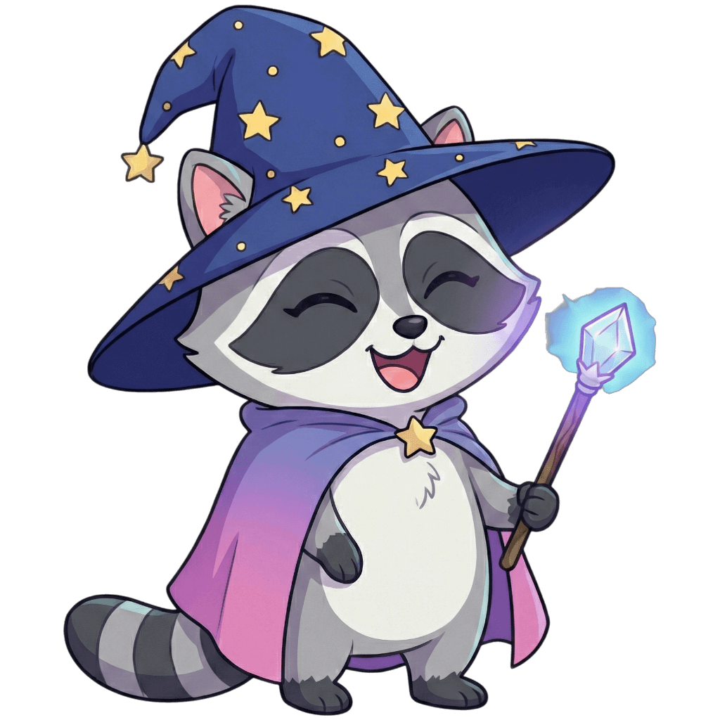 Crystal the raccoon wizard mascot
